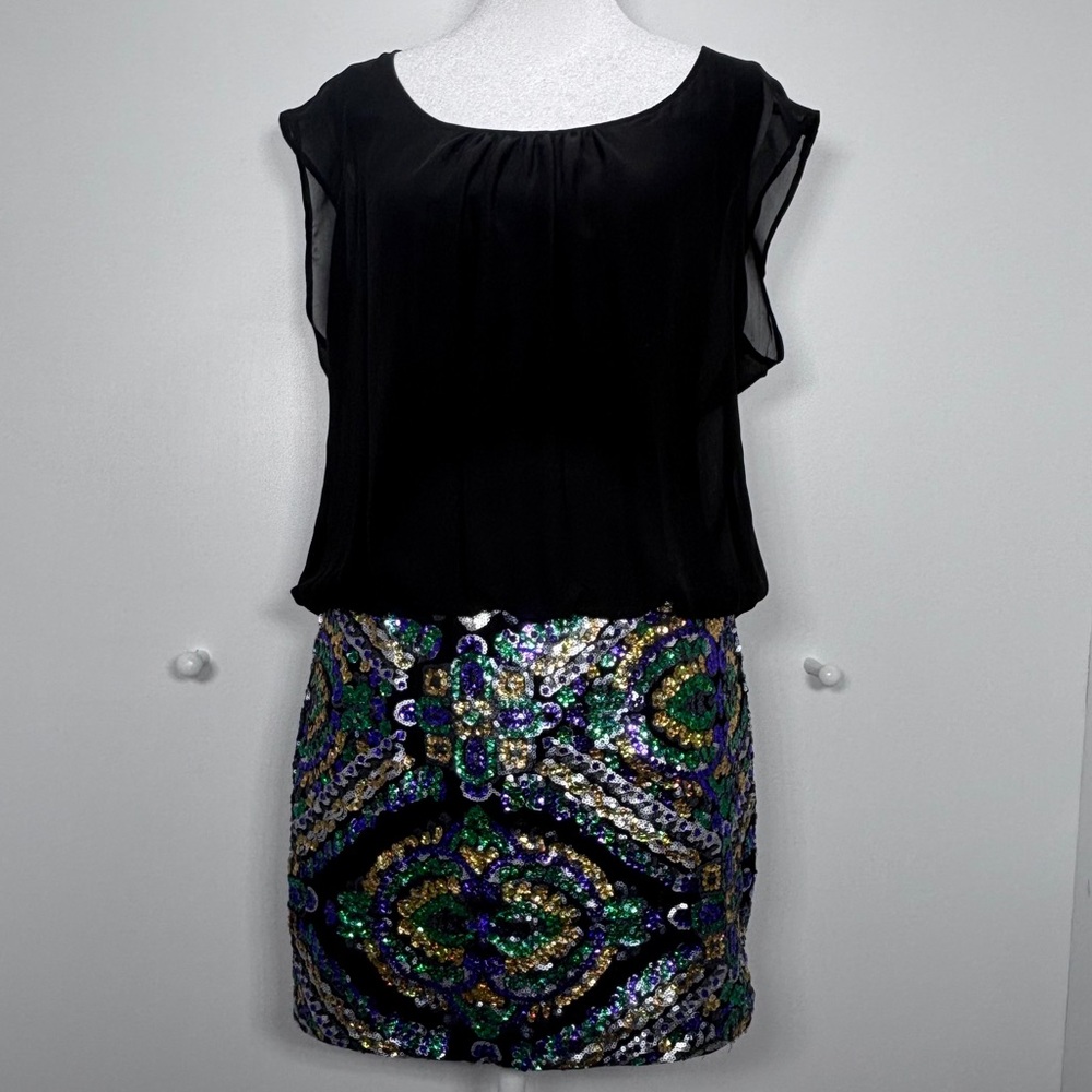 LOVE REIGN Women’s Size M Mardi Gras Mini Dress Sleeveless Sequin Skirt Stretch